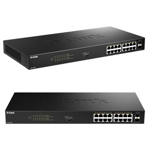 Неуправляемый PoE+ коммутатор D-Link DGS-1018P с 16 портами Gigabit и 2 портами SFP
